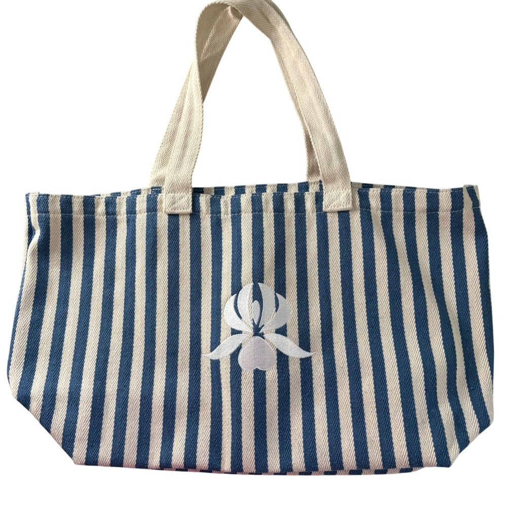 Blue White Striped Canvas Tote Bag Floral Embroidered Beach Market Bag Beach‎